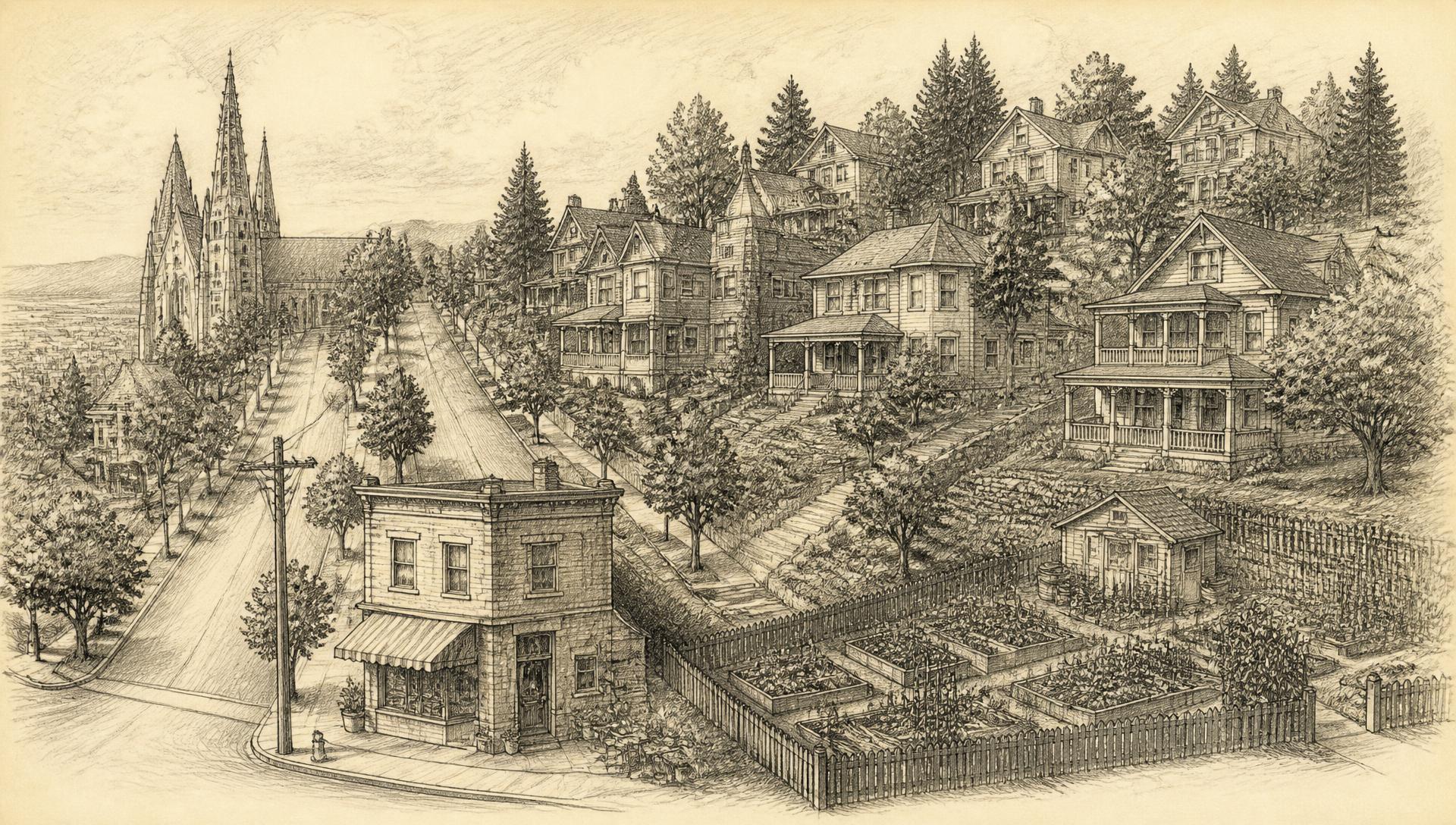 A pencil drawing of the Salt Lake Avenues: steep tree-lined streets of victorian houses, a corner bakery with an awning, the cathedral spires, and a fenced community garden with raised beds