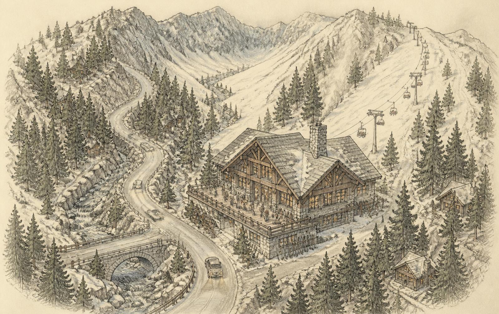 A pencil drawing of a Wasatch canyon: a road switchbacking past a stone creek bridge into pines, a timber ski lodge with lit windows and a full deck, and a chairlift climbing a snowy bowl
