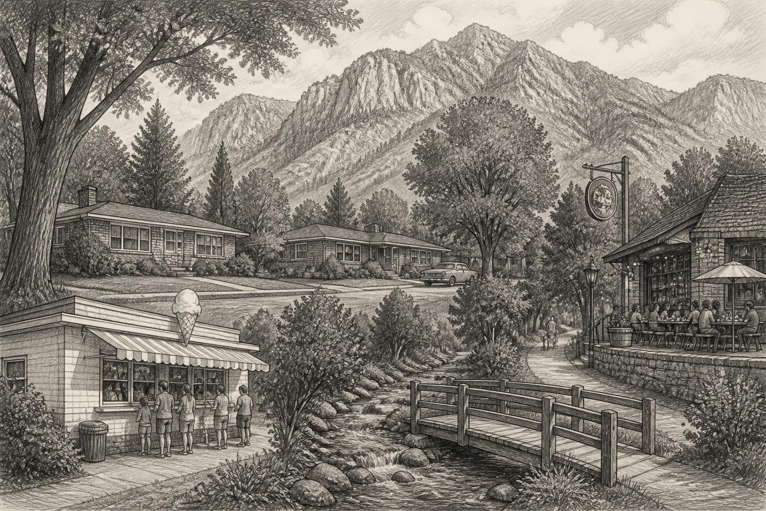 A pencil drawing of a Millcreek neighborhood: mid-century brick ramblers under big trees, a cozy pub with a hanging sign and patio, an ice cream shop with a walk-up window, a creek with a wooden footbridge and canyon walls behind
