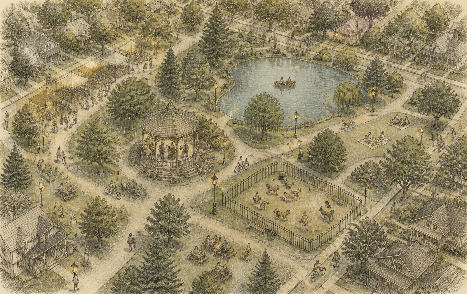 A pencil drawing of Liberty Park: a pond with a rowboat, a victorian bandstand, a fenced dog run, farmers market tents and tree-lined streets of bungalows