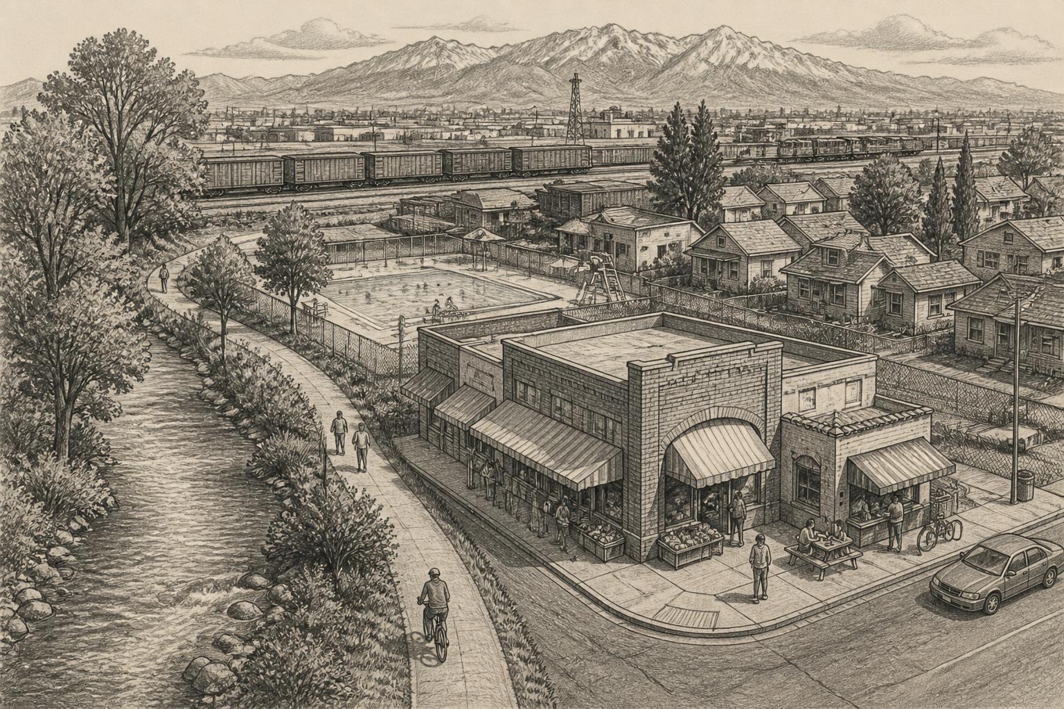 A pencil drawing of a west-side Salt Lake neighborhood: the Jordan River and its trail, a brick mercado with striped awnings, an outdoor community pool, small bungalows and a rail yard beyond