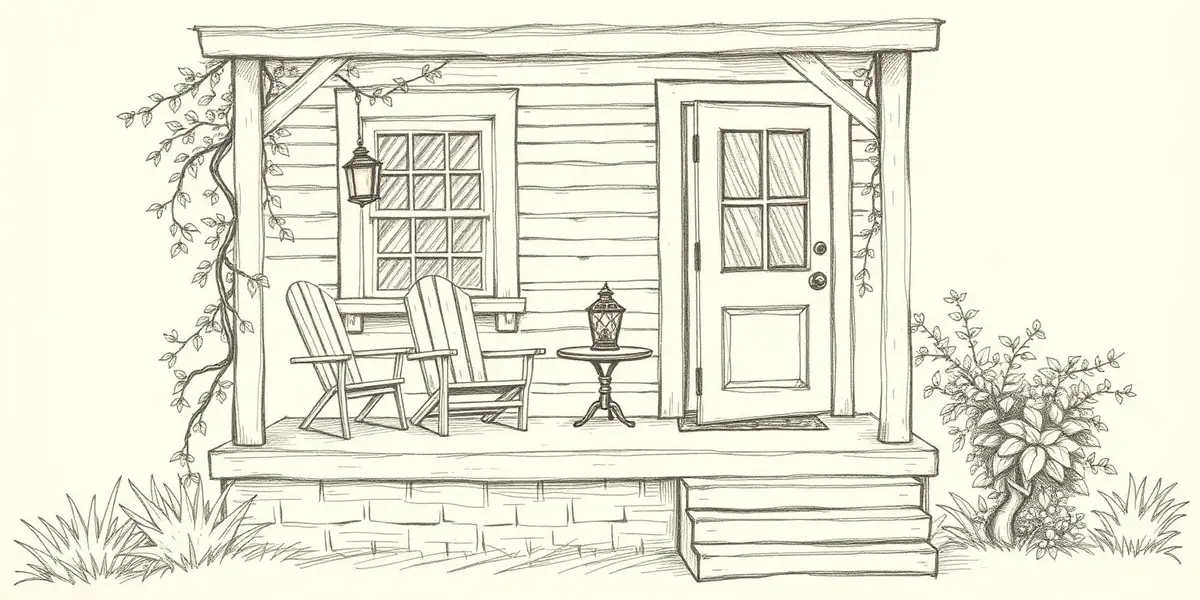 A pencil sketch of a cottage porch with a glowing lamp and the door left ajar