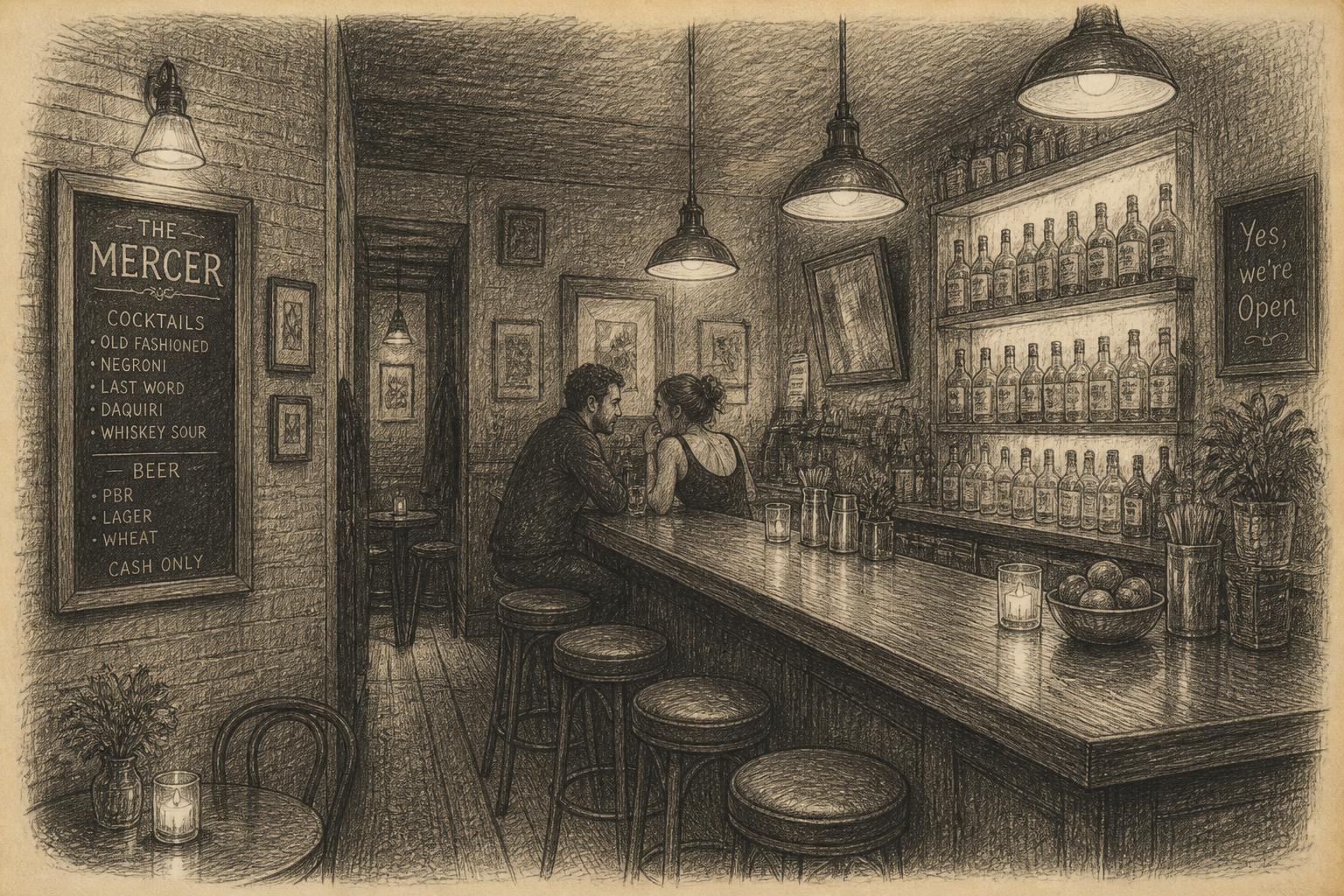 A pencil drawing of a small dim cocktail bar with a long wooden bar, bottles on a lit shelf and two people leaning in