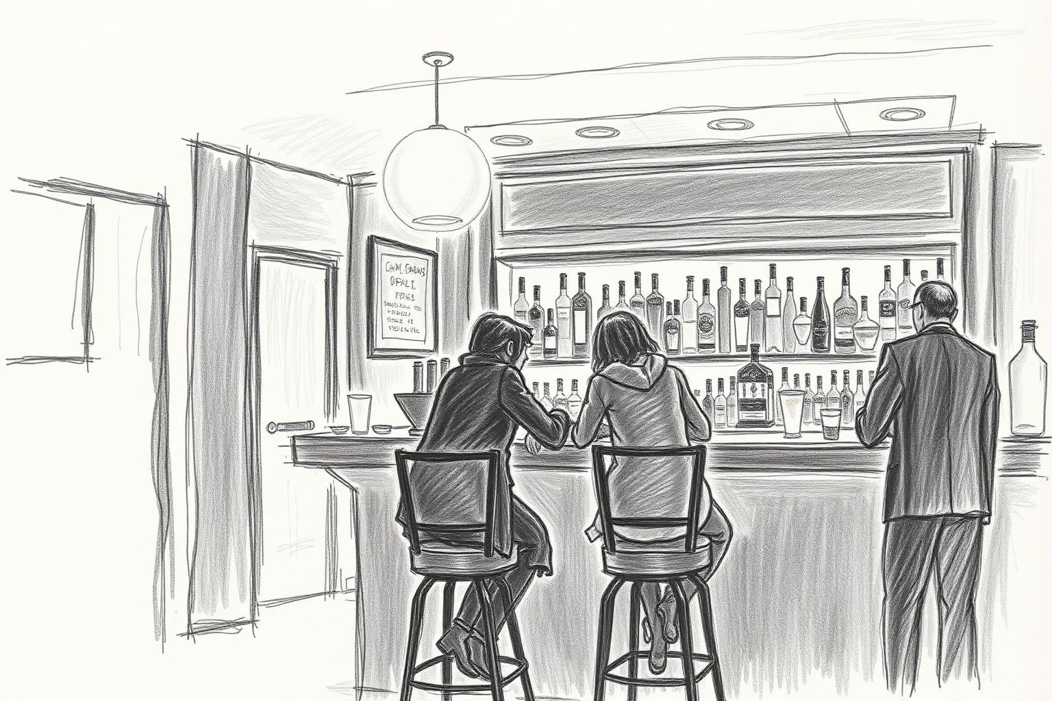A pencil drawing of a dim cocktail bar late at night: a backlit bottle shelf, candles on the bar and two people leaning in close