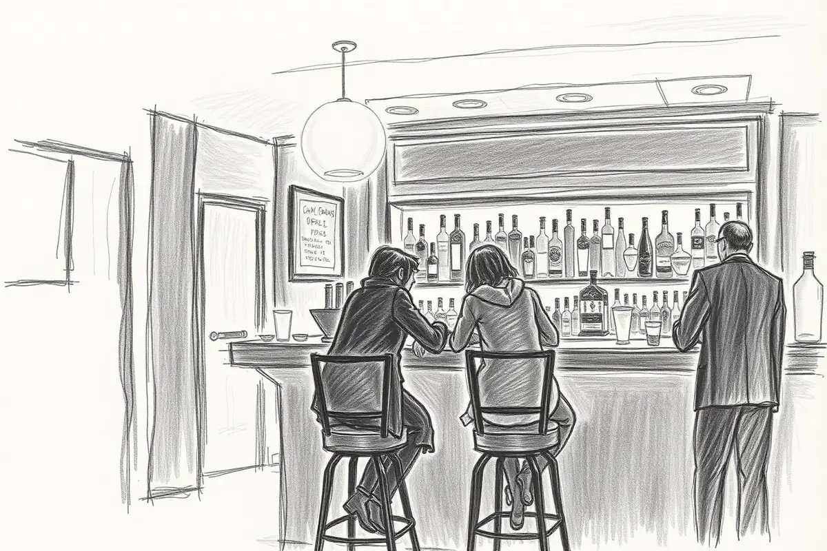 A pencil drawing of a dim cocktail bar late at night: a backlit bottle shelf, candles on the bar and two people leaning in close