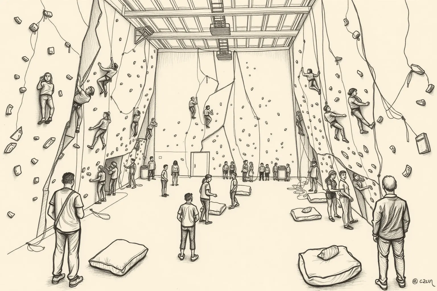 A pencil drawing of a busy climbing gym: climbers on every wall, people belaying and chalking their hands