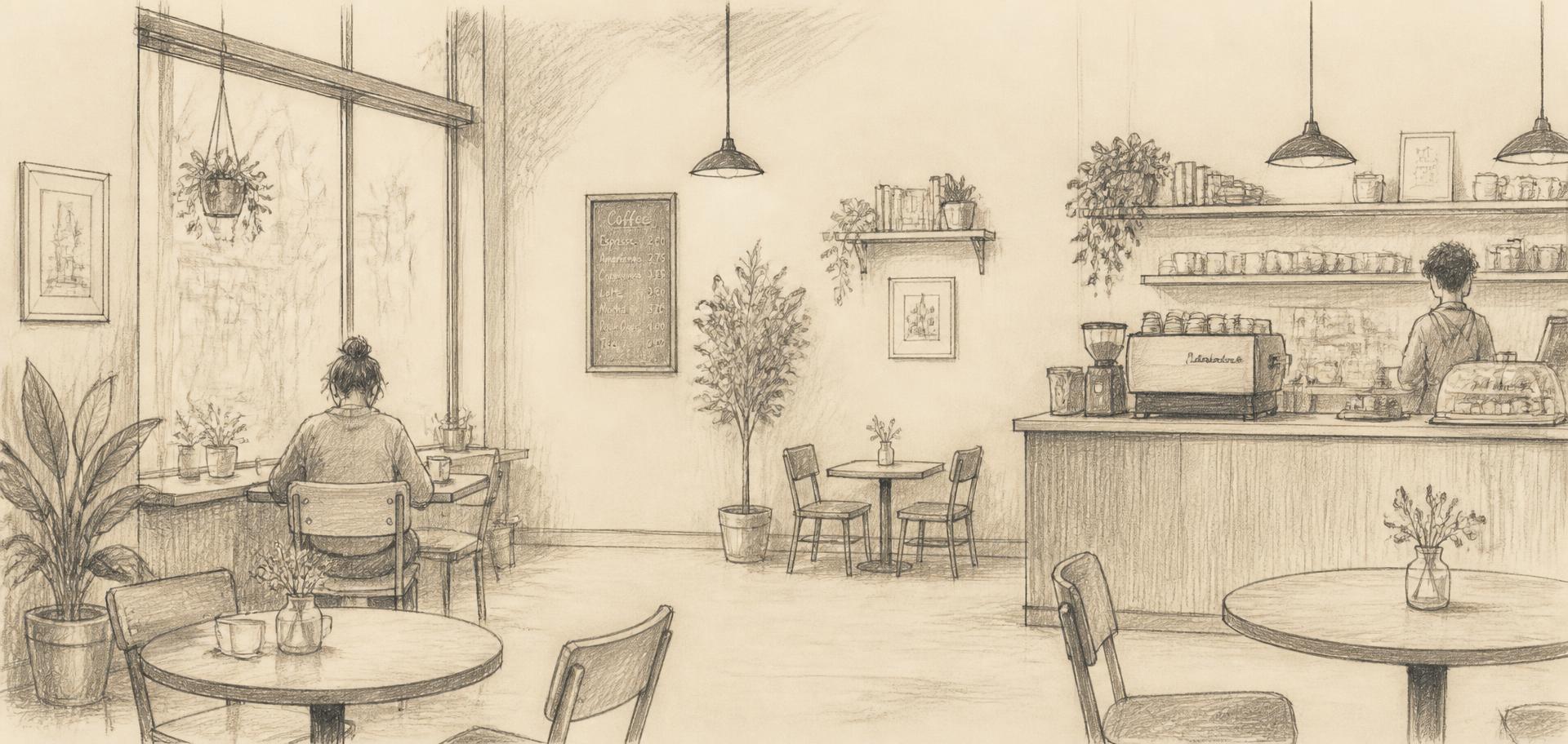 A pencil sketch of a quiet coffee shop interior