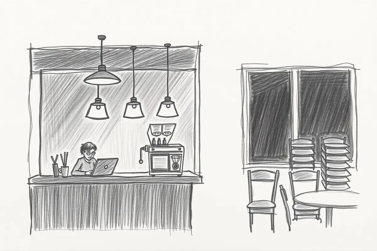 A pencil drawing of a coffee shop after dark: warm lamps over the counter, dark windows, one person on a laptop and chairs stacked on a far table