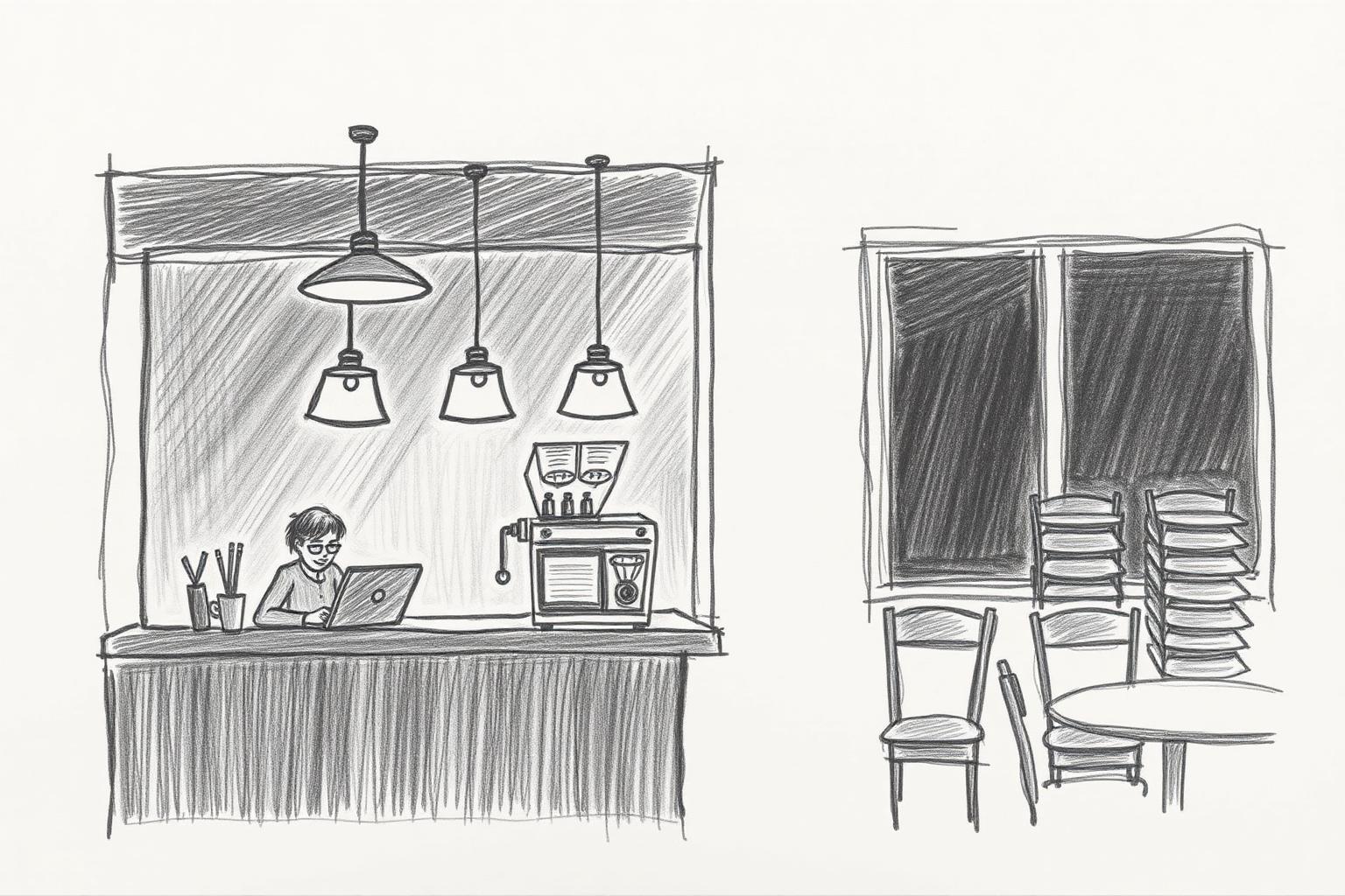A pencil drawing of a coffee shop after dark: warm lamps over the counter, dark windows, one person on a laptop and chairs stacked on a far table