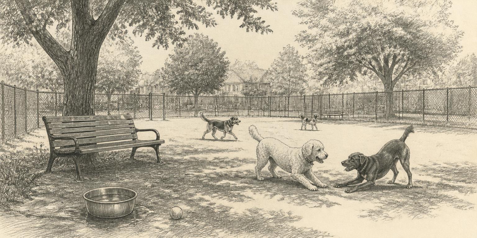 A pencil sketch of a fenced neighborhood dog park