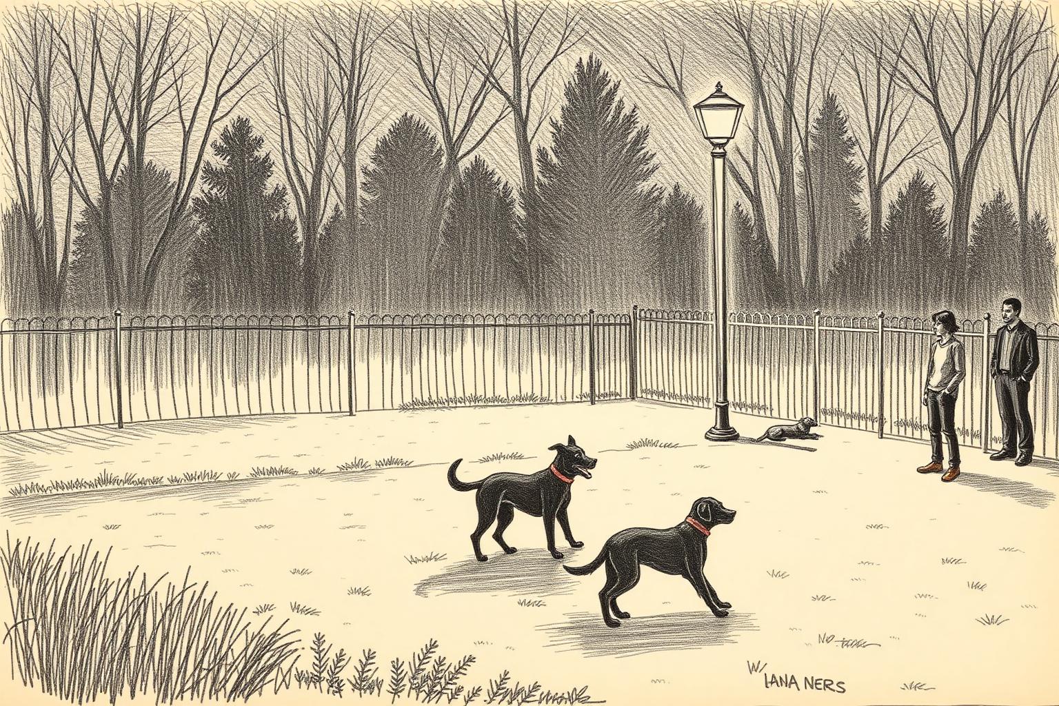 A pencil drawing of a fenced dog park after dark: a lamp post casting a warm pool of light, two dogs playing and people standing by the fence