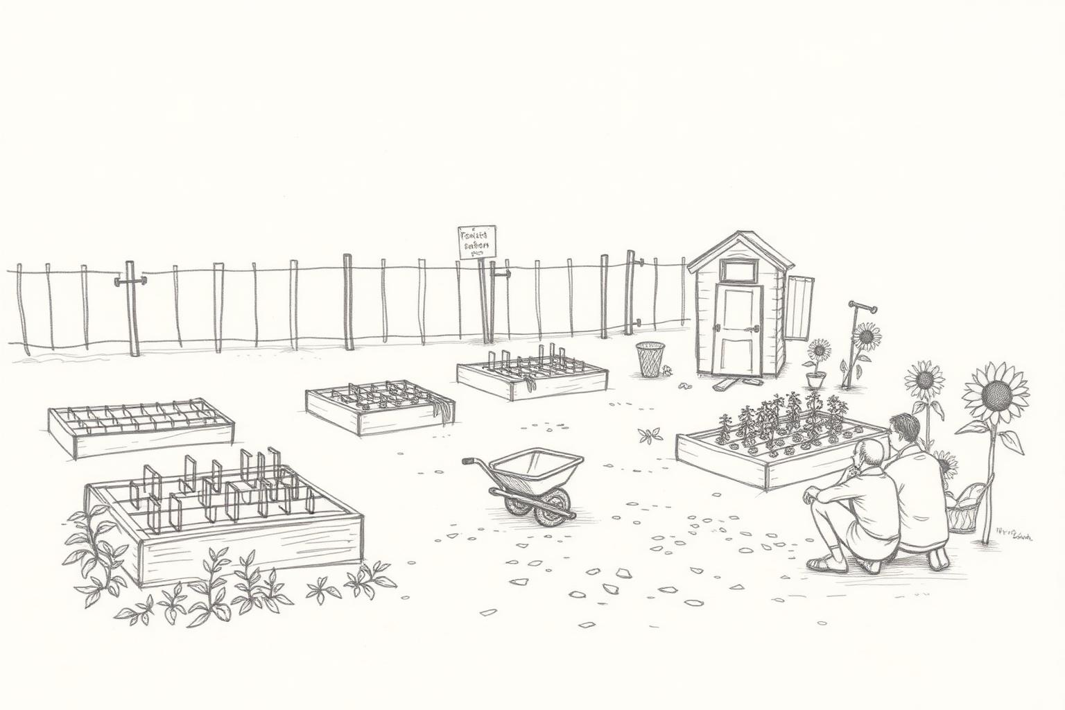 A pencil drawing of a fenced community garden with raised beds, a wheelbarrow, a tool shed and sunflowers