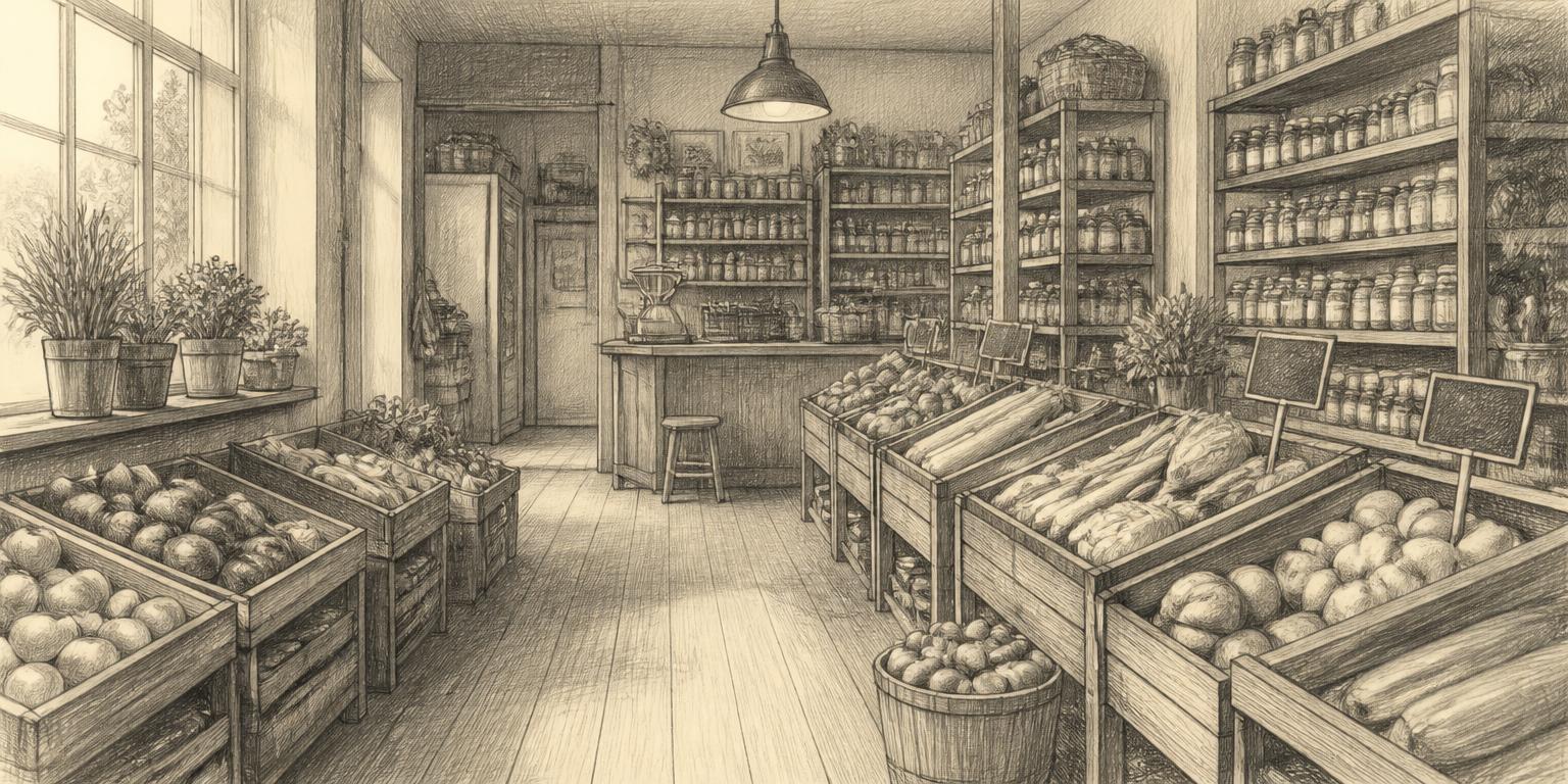 A pencil sketch of a small neighborhood grocery store interior