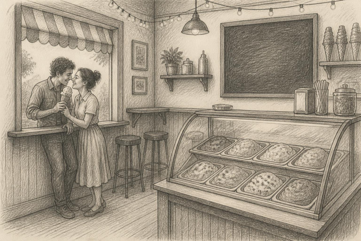 A pencil drawing of an old-fashioned ice cream shop with a walk-up window, tubs under glass, tall stools and string lights