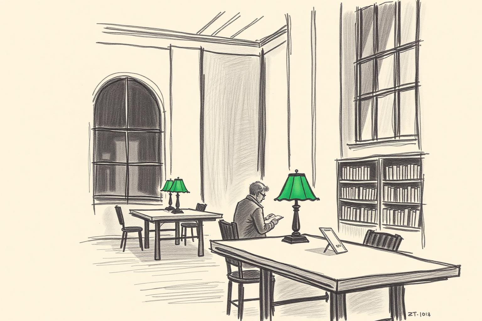 A pencil drawing of a library reading room in the evening: green desk lamps lit along a long table, tall dark windows and two readers