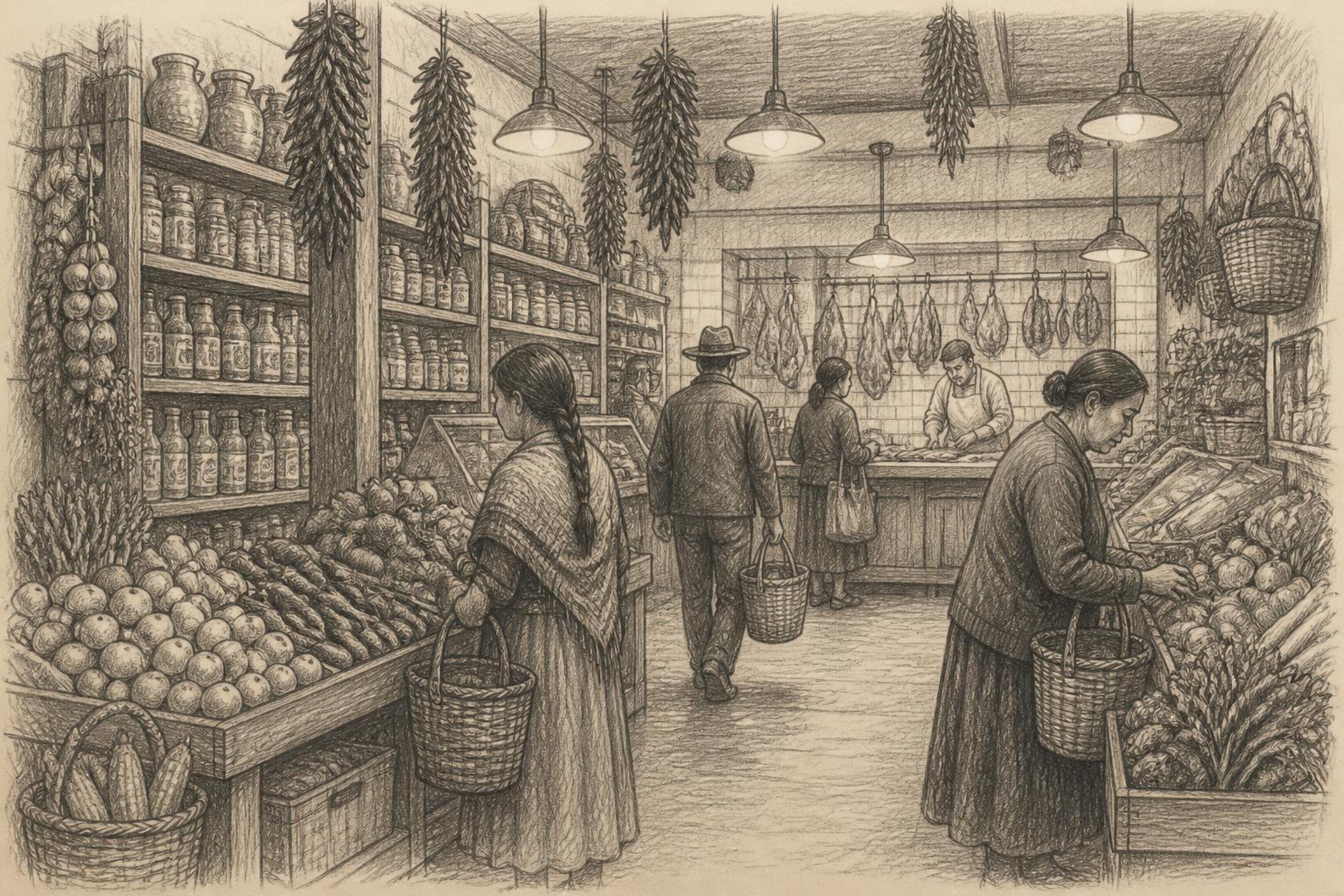 A pencil drawing of a busy neighborhood mercado with tall shelves, crates of produce, hanging chili ristras and a butcher counter at the back