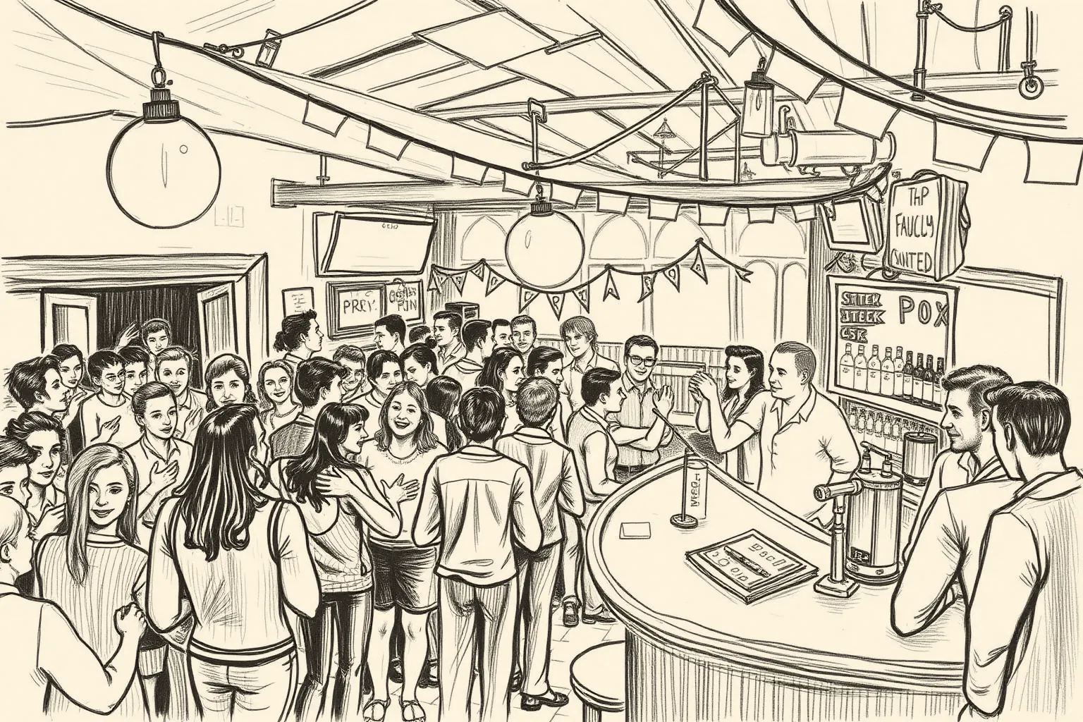 A pencil drawing of a packed neighborhood queer bar: a crowd talking and dancing under string lights