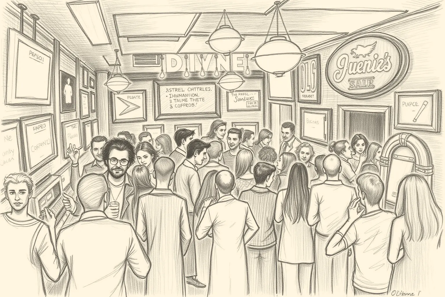 A pencil drawing of a packed late-night dive bar: a crowd shoulder to shoulder and a bartender pulling drinks