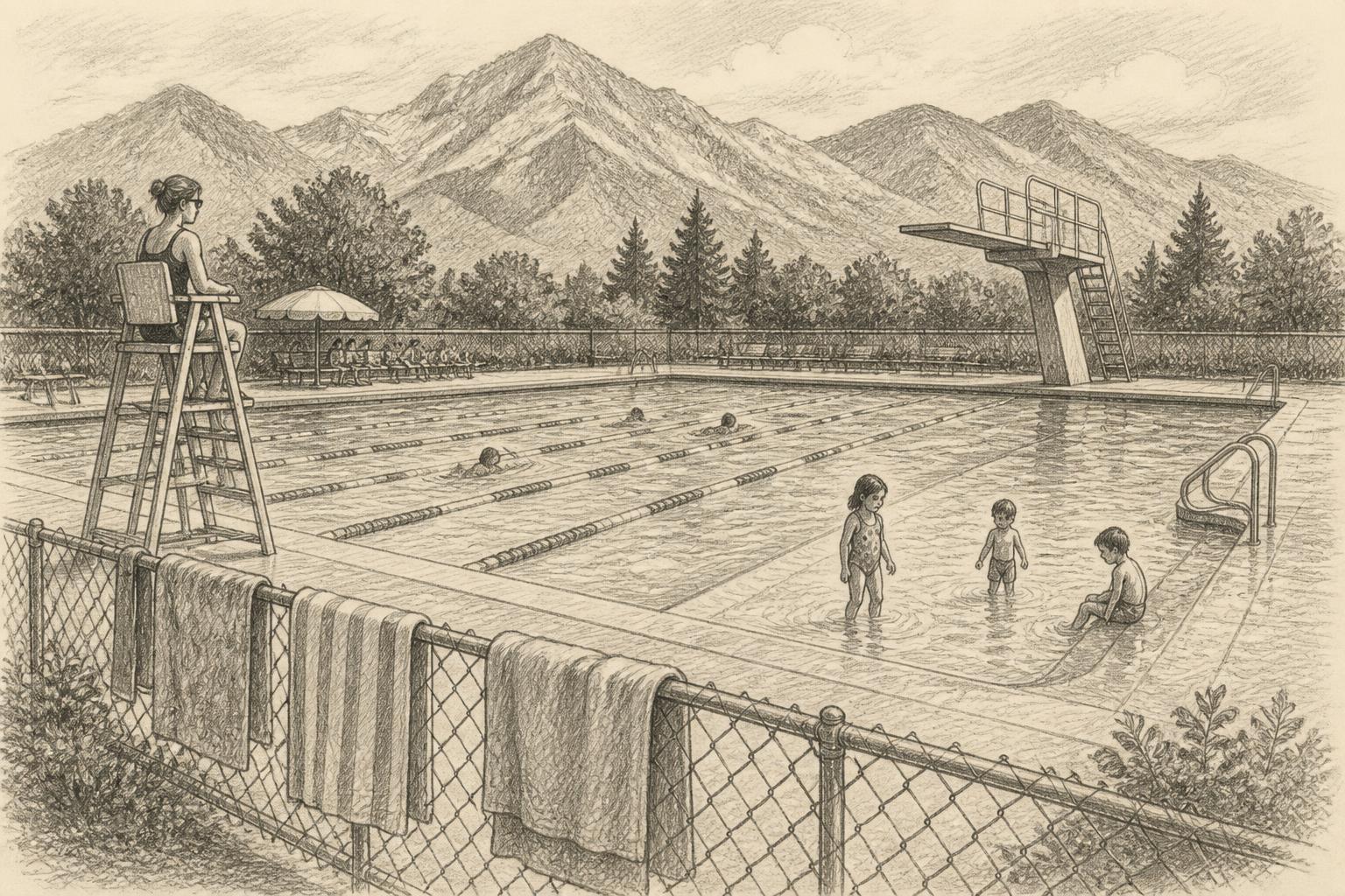 A pencil drawing of an outdoor community pool with lane ropes, a lifeguard chair, a diving board and towels on a chain-link fence