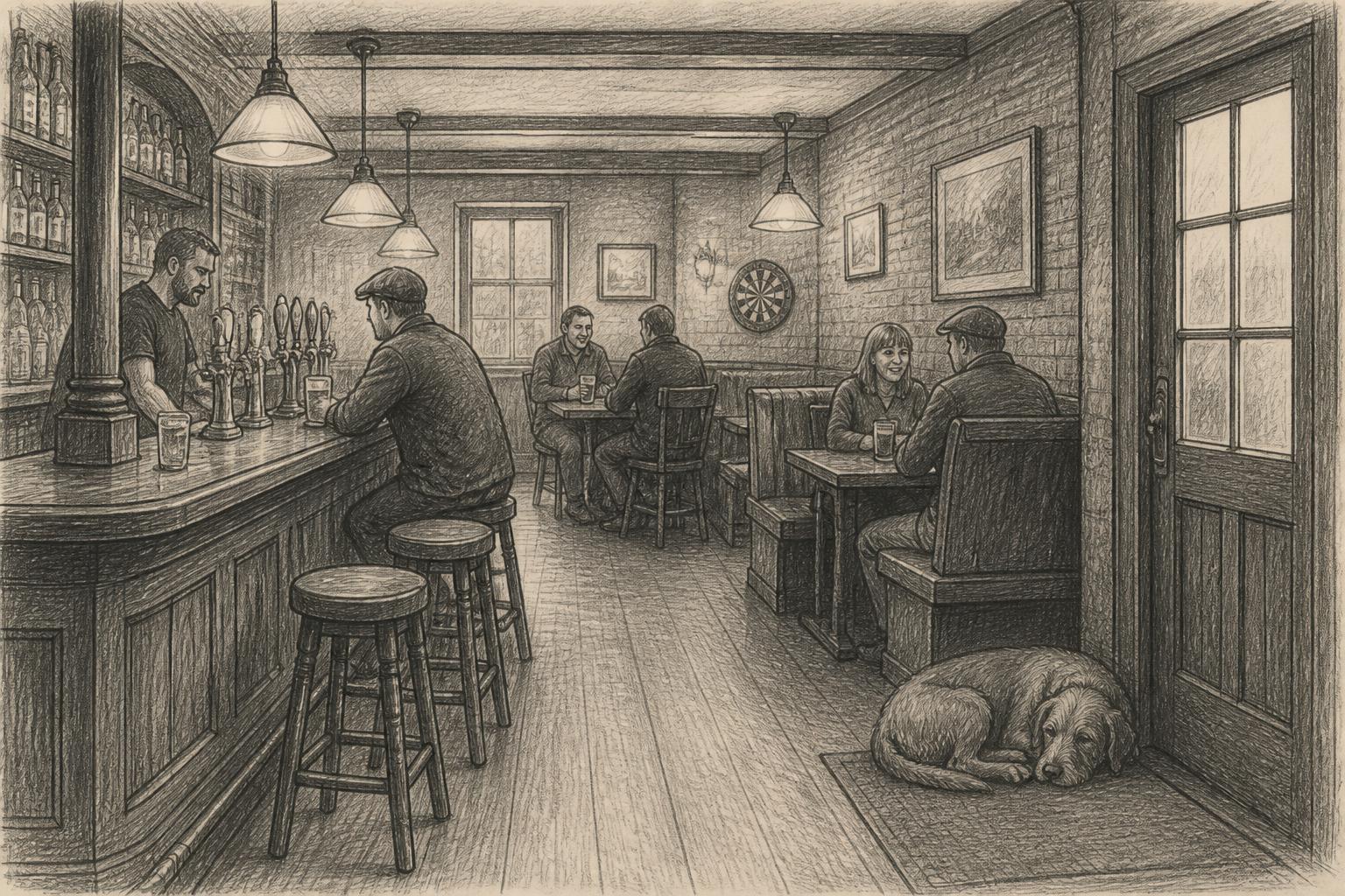 A pencil drawing of a cozy neighborhood pub with a long wooden bar, taps, booths against a brick wall, a dart board and a dog asleep by the door