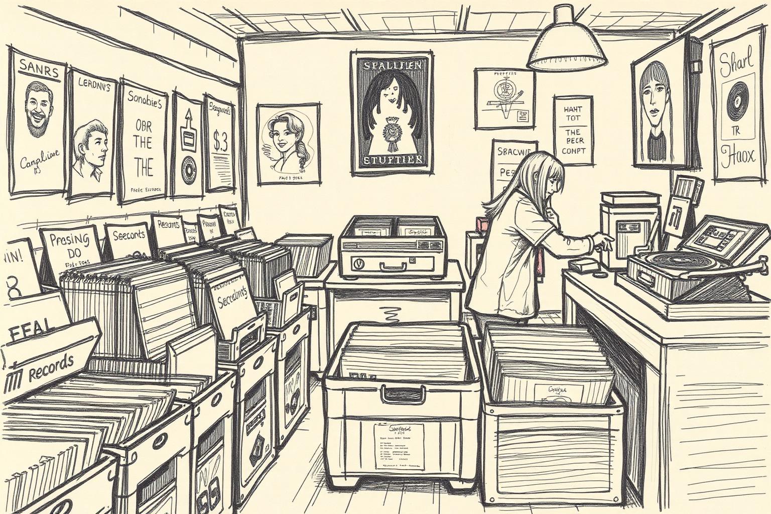 A pencil drawing of a used record shop with crates of vinyl, posters on the wall and a turntable behind the counter