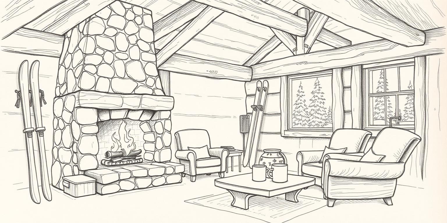 A pencil sketch of a ski lodge interior with a stone fireplace