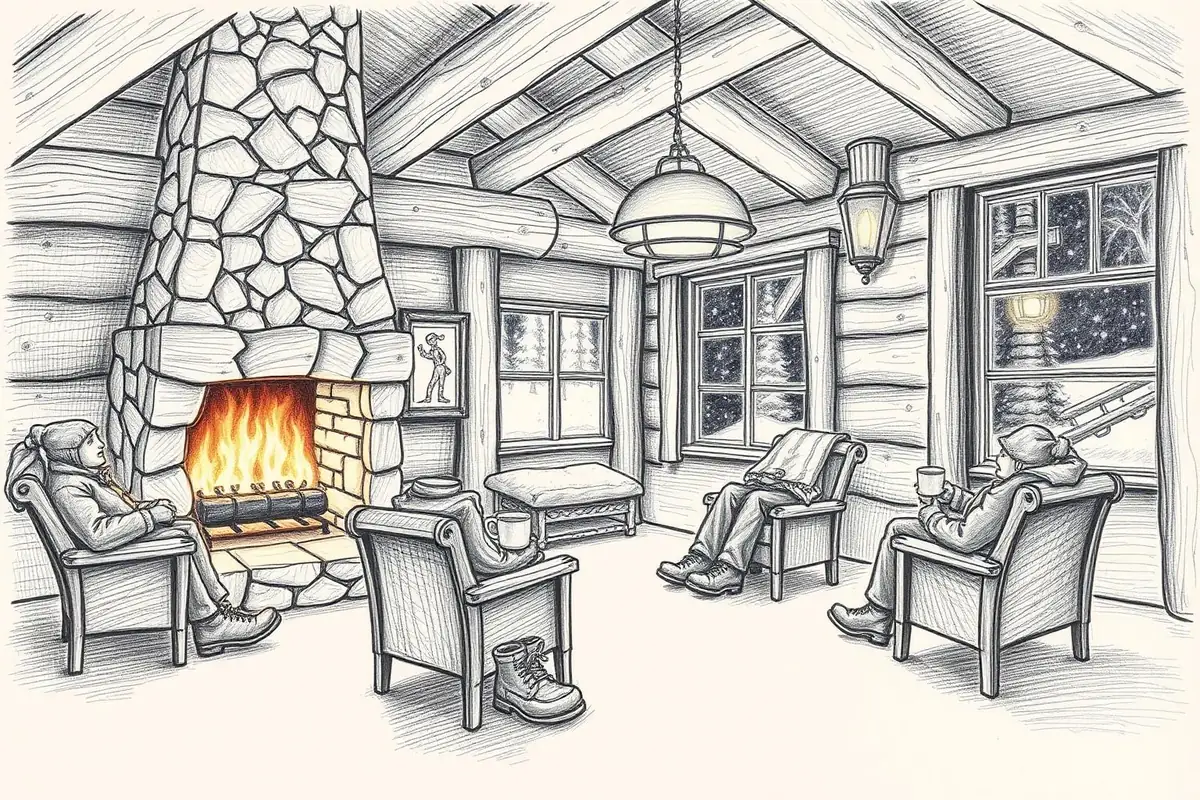 A pencil drawing of a timber ski lodge in the evening: a stone fireplace burning, warm pendant lamps, boots drying and people in chairs with mugs