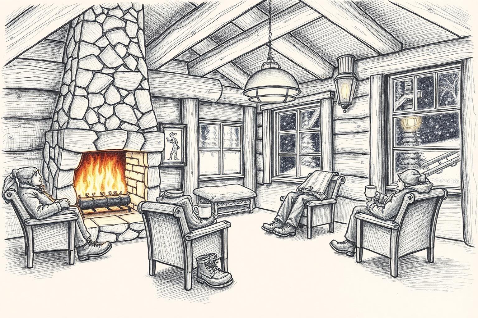A pencil drawing of a timber ski lodge in the evening: a stone fireplace burning, warm pendant lamps, boots drying and people in chairs with mugs