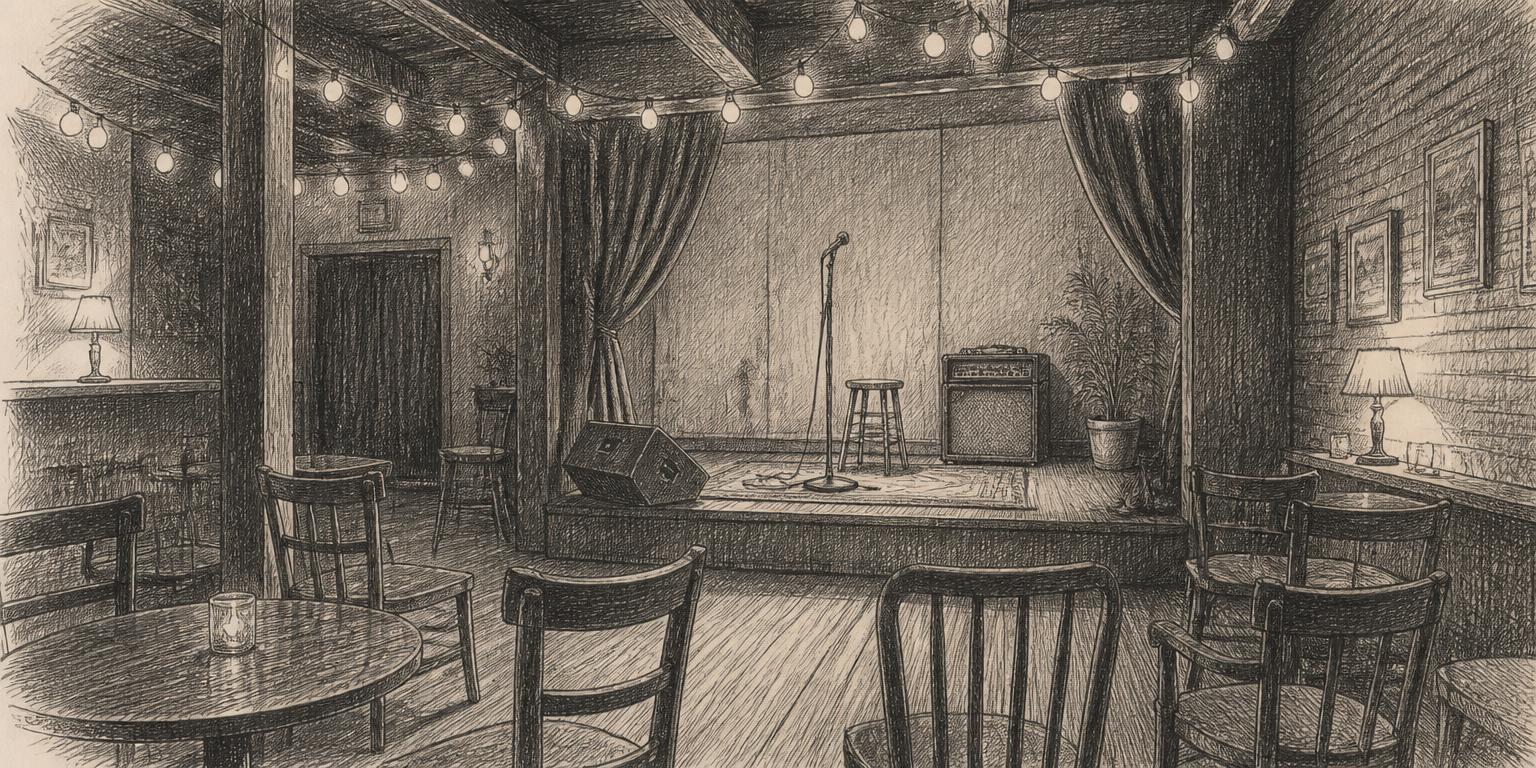A pencil sketch of a small live music venue with a low stage