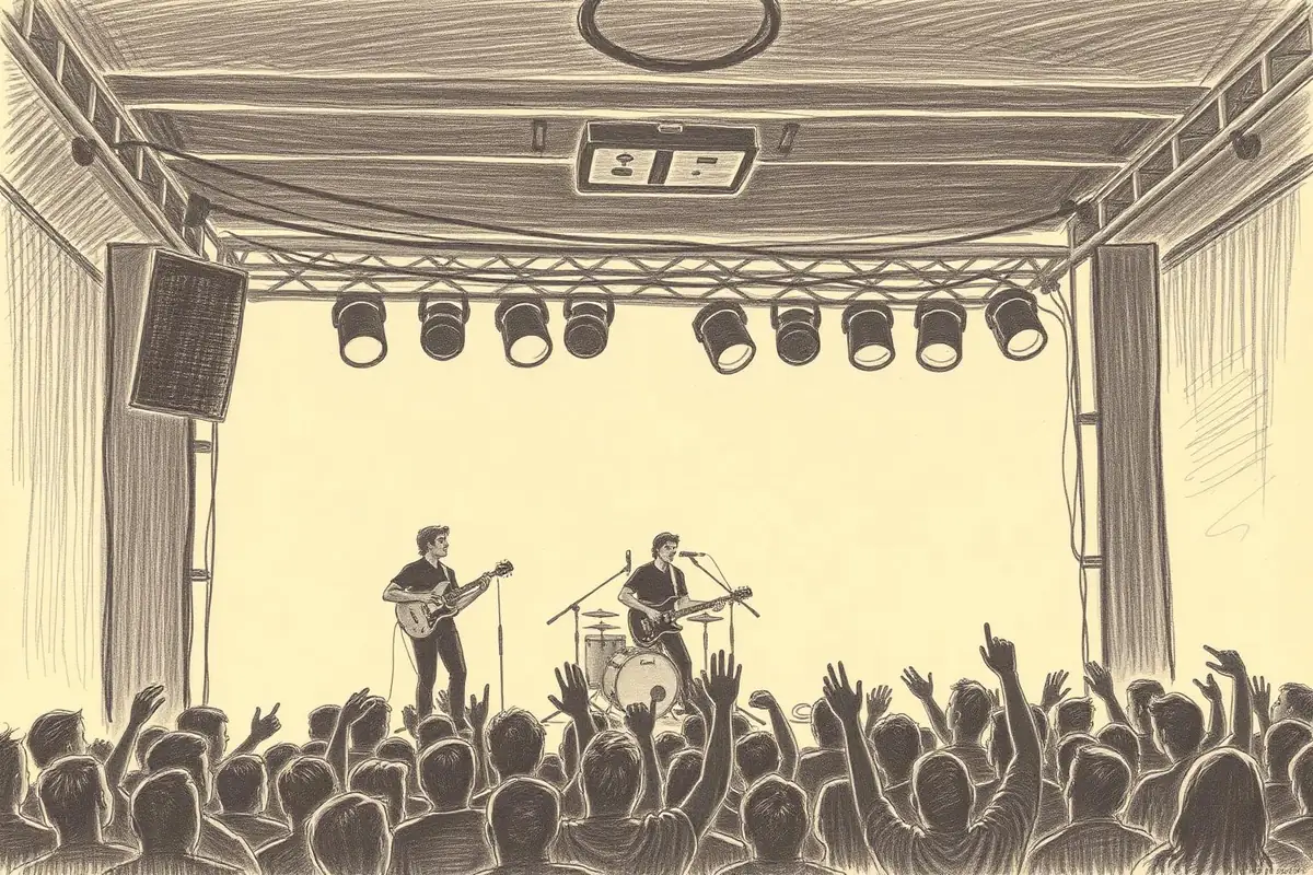 A pencil drawing of a small live music venue mid-show: warm spotlights on a low stage, a three-piece band and a packed crowd with raised hands