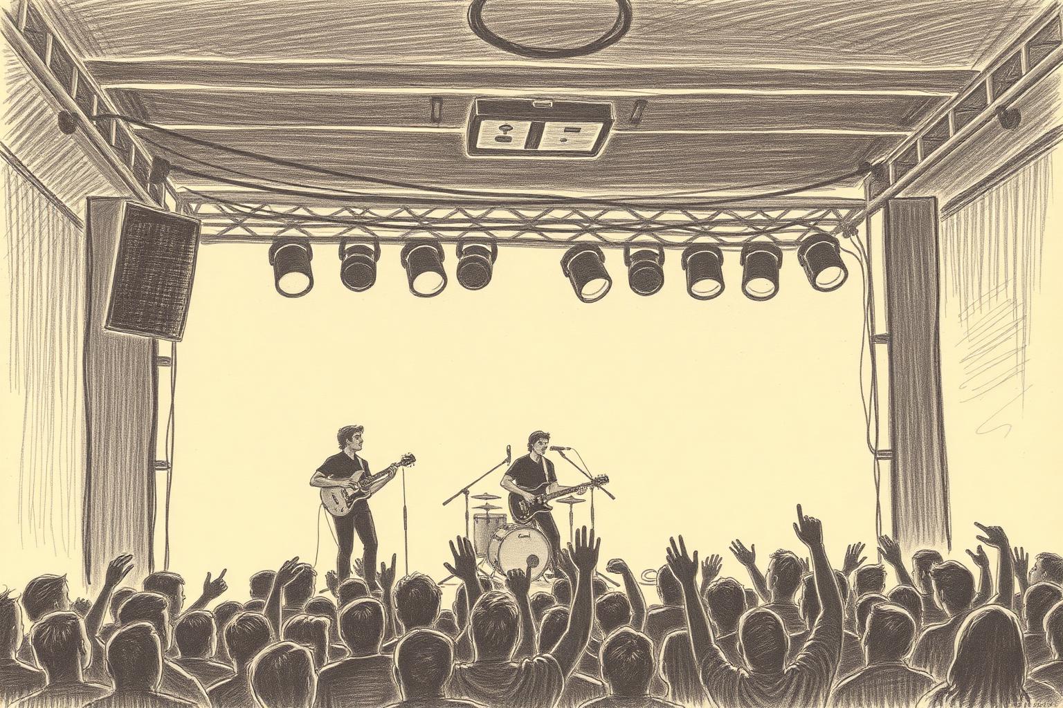 A pencil drawing of a small live music venue mid-show: warm spotlights on a low stage, a three-piece band and a packed crowd with raised hands