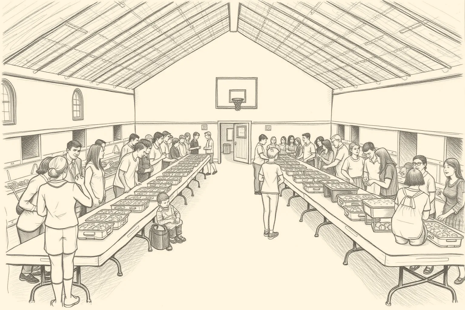 A pencil drawing of a busy church hall potluck: long tables of casserole dishes and families everywhere